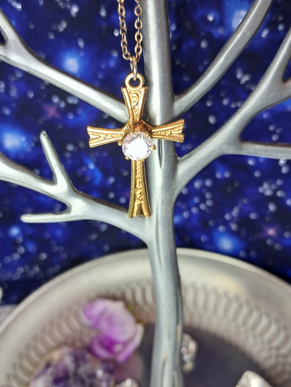 Vintage Lind 14k HGE & Cubic Zirconia CZ Cross Necklace